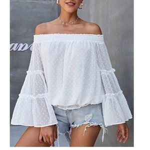 White off the shoulder dotted bell sleeves top